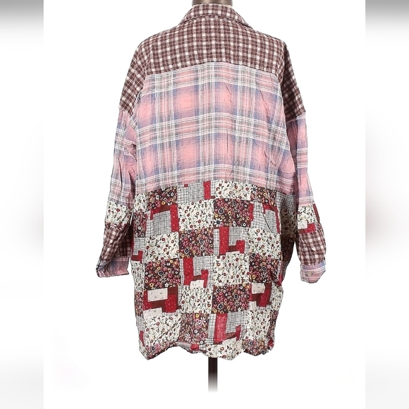 Easel Blush Mix N Match Print Button Down Oversized Loose Fit Plaid Shirt - Picture 3 of 7